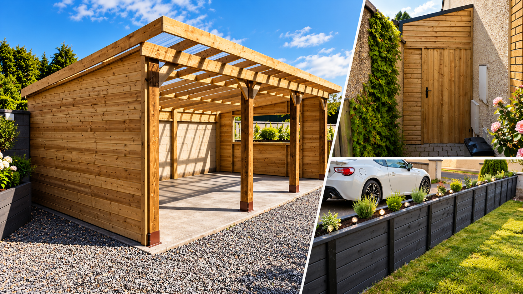 Collage of outdoor garden structures including a wooden carport, a wooden garden shed, and a black planter with plants and flowers.