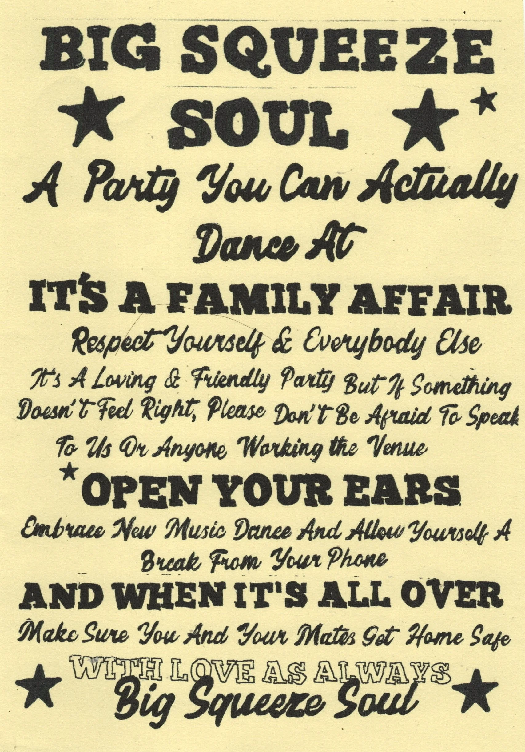 A creative poster with playful, handwritten-style text inviting people to a family dance party called 'Big Squeeze Soul,' emphasizing fun, family, and love, with decorative stars.