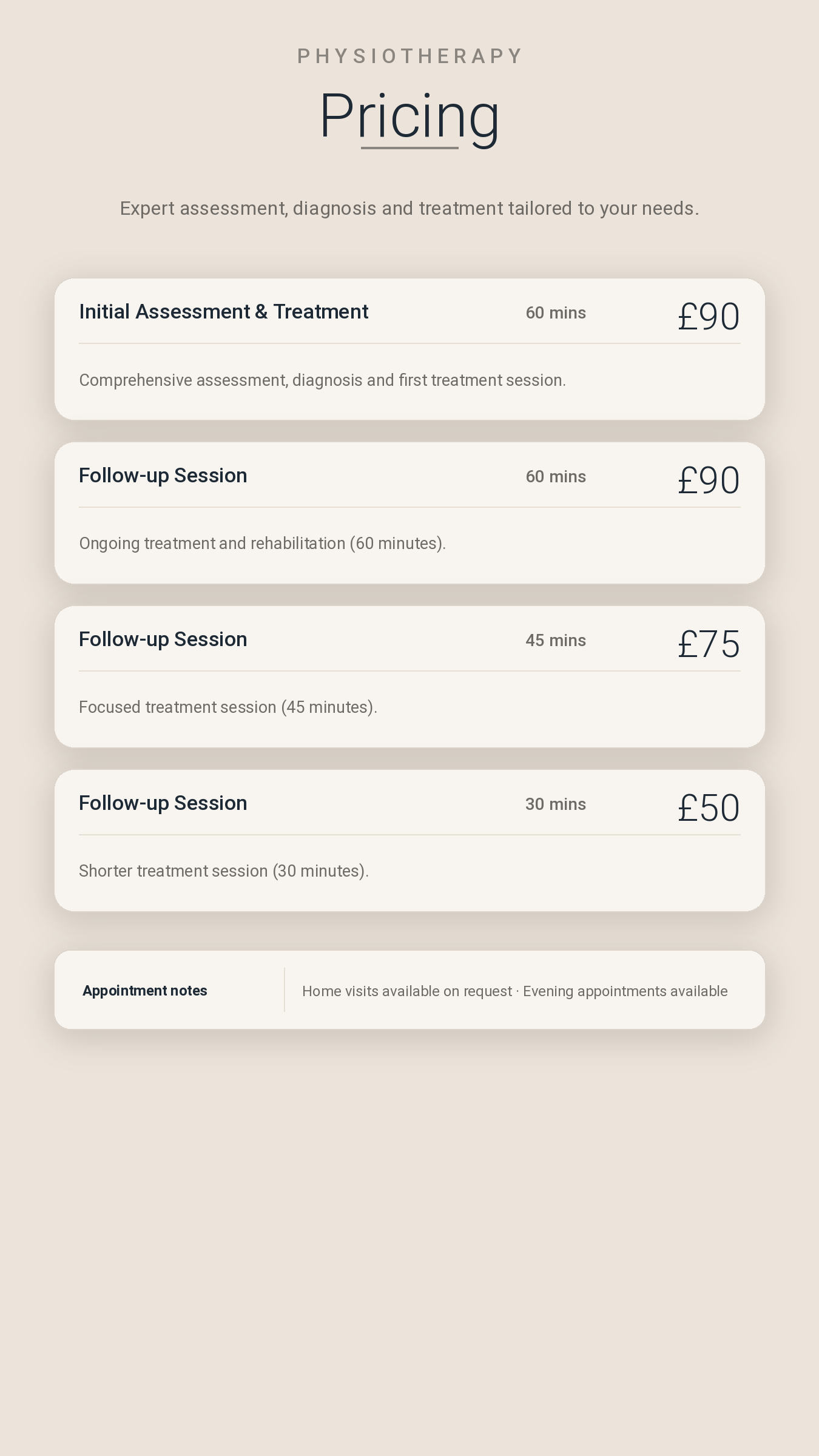 Physiotherapy pricing menu listing various assessment and follow-up session options with durations and prices in GBP.