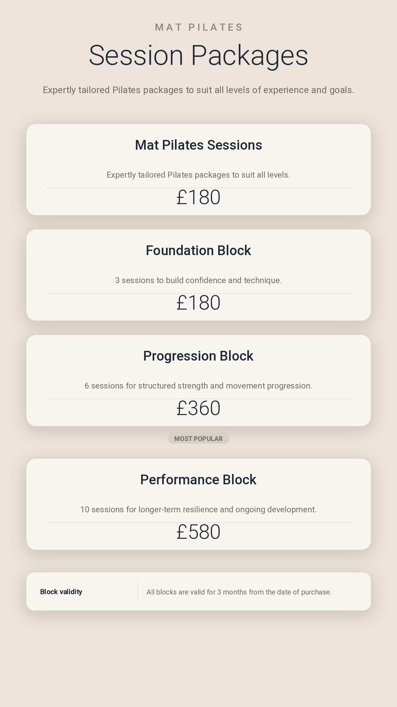 A Pilates service menu displaying various class options with prices, including Mat Pilates Sessions, Foundation Block, Progression Block, and Performance Block, each with the respective prices listed in British pounds.
