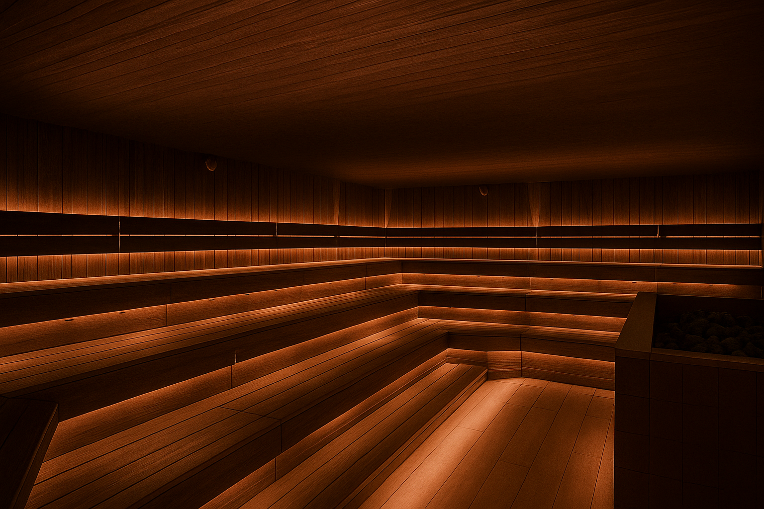 A dimly lit sauna room with wooden benches lining the walls and a heater with rocks in the corner.