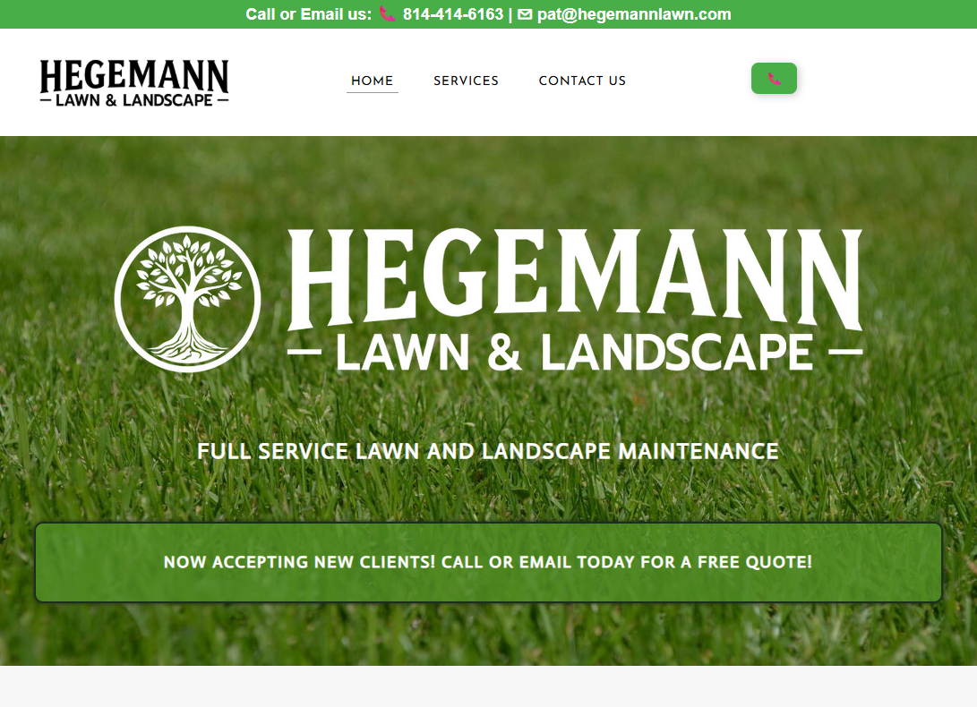 Screenshot of a lawn and landscape company's website with a green grassy background, a logo with a tree, and contact details at the top.