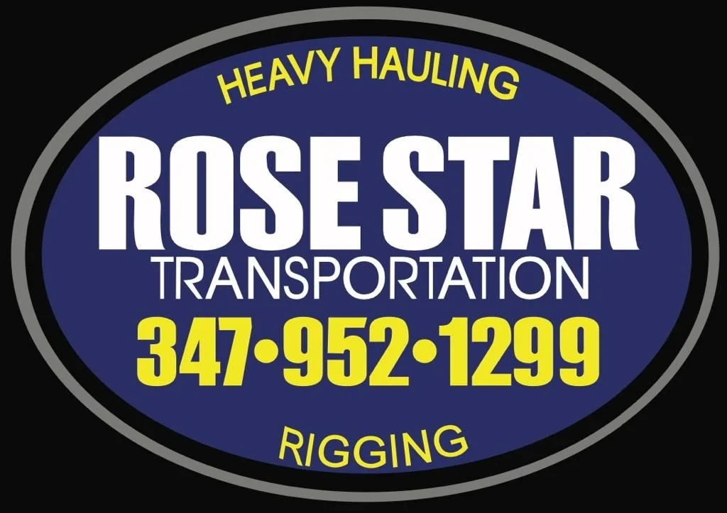 Oval logo for Rose Star Transportation with the words 'Heavy Hauling' at the top and 'Rigging' at the bottom, featuring the phone number 347-952-1299 in yellow.