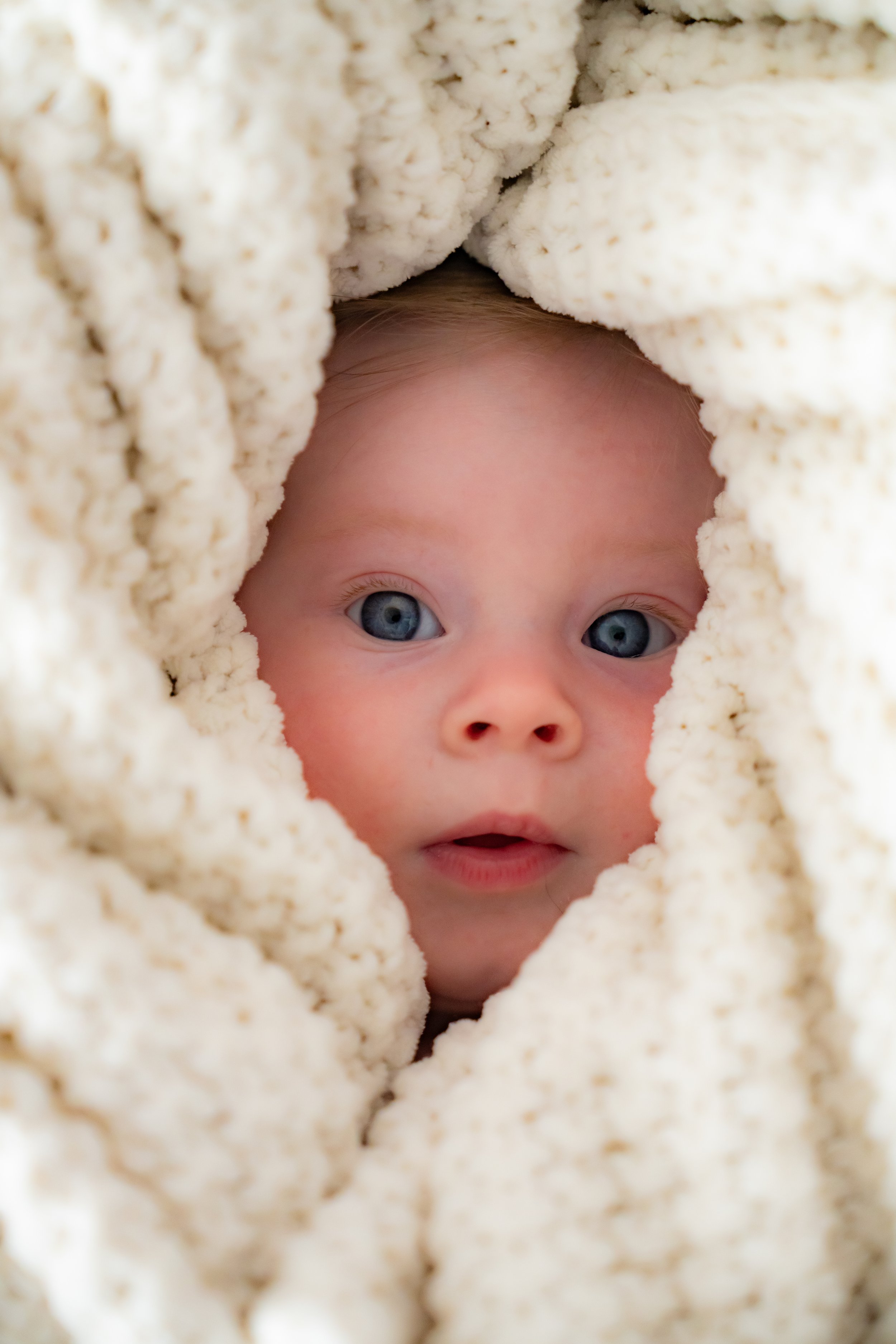 Close-up of a baby with blue eyes and pink skin, surrounded by a large cream-colored knitted blanket.