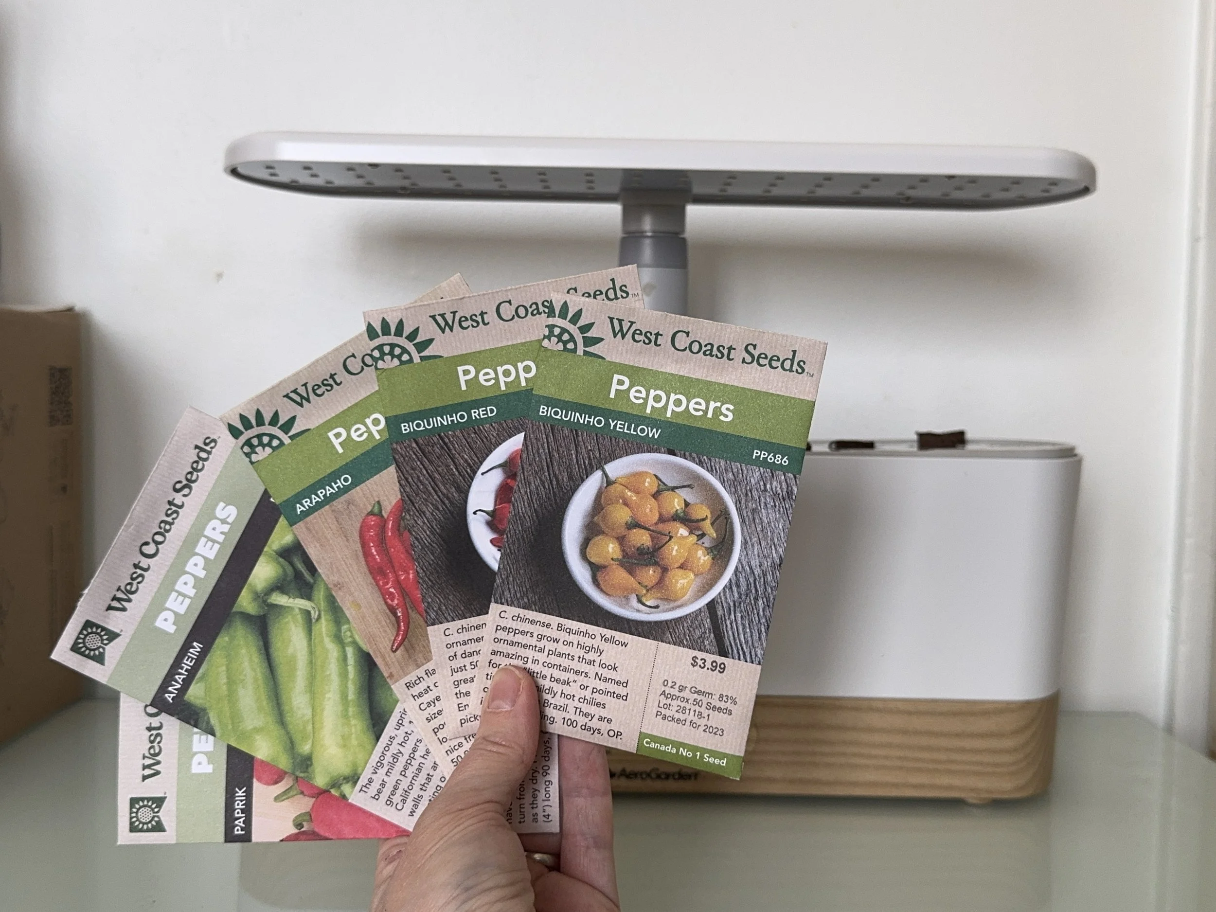 Hand holding seed packets in front of a white wall and counter. The seed packets display images of vegetables and peppers.