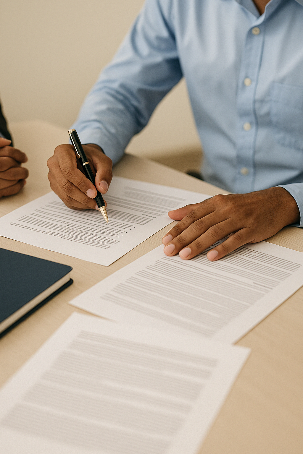Person in a blue shirt signing or reviewing documents on a wooden table.