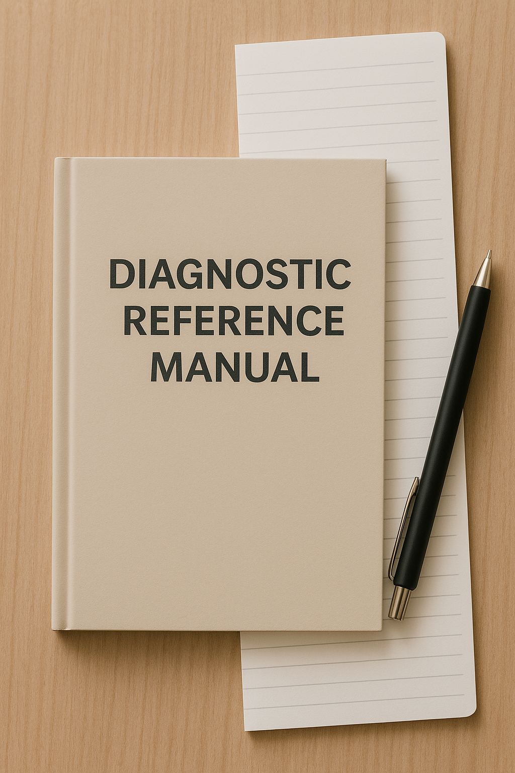 A beige book titled 'Diagnostic Reference Manual' placed on a wooden table, accompanied by a lined notepad and a black pen.