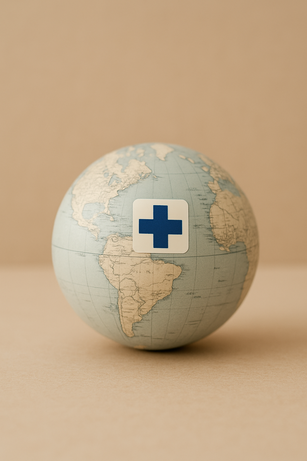 A globe with a medical cross sticker on it, placed on a beige surface with a plain background.