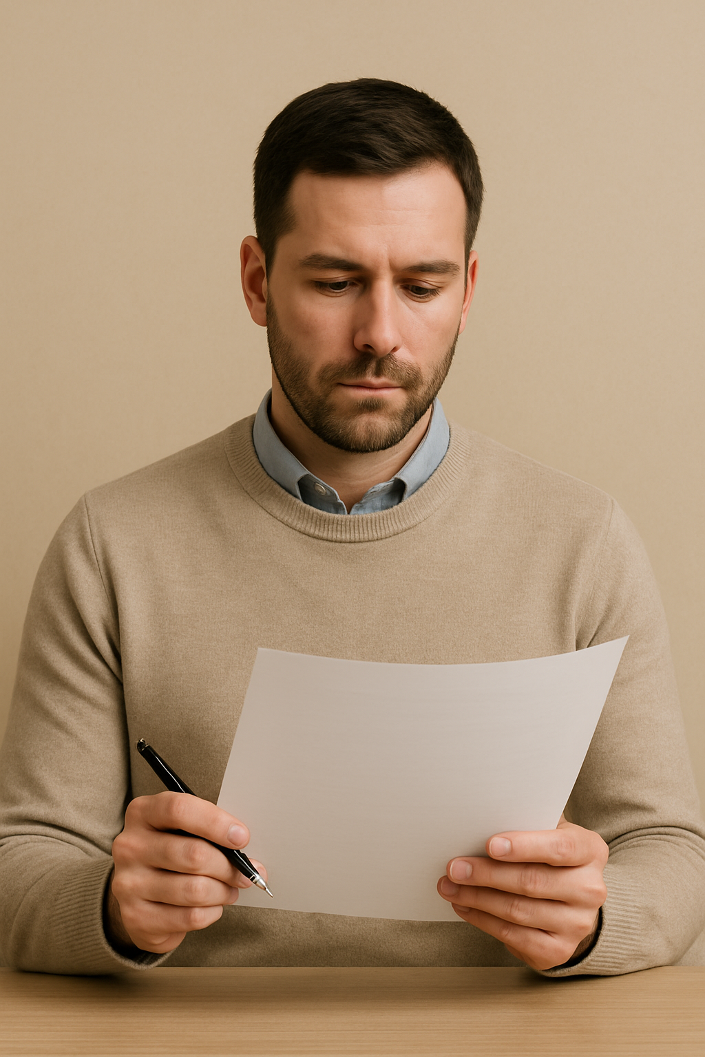Young man with dark hair, beard, wearing beige sweater and light blue shirt, sitting at a table, looking down at a document he is holding, with a pen in his right hand.