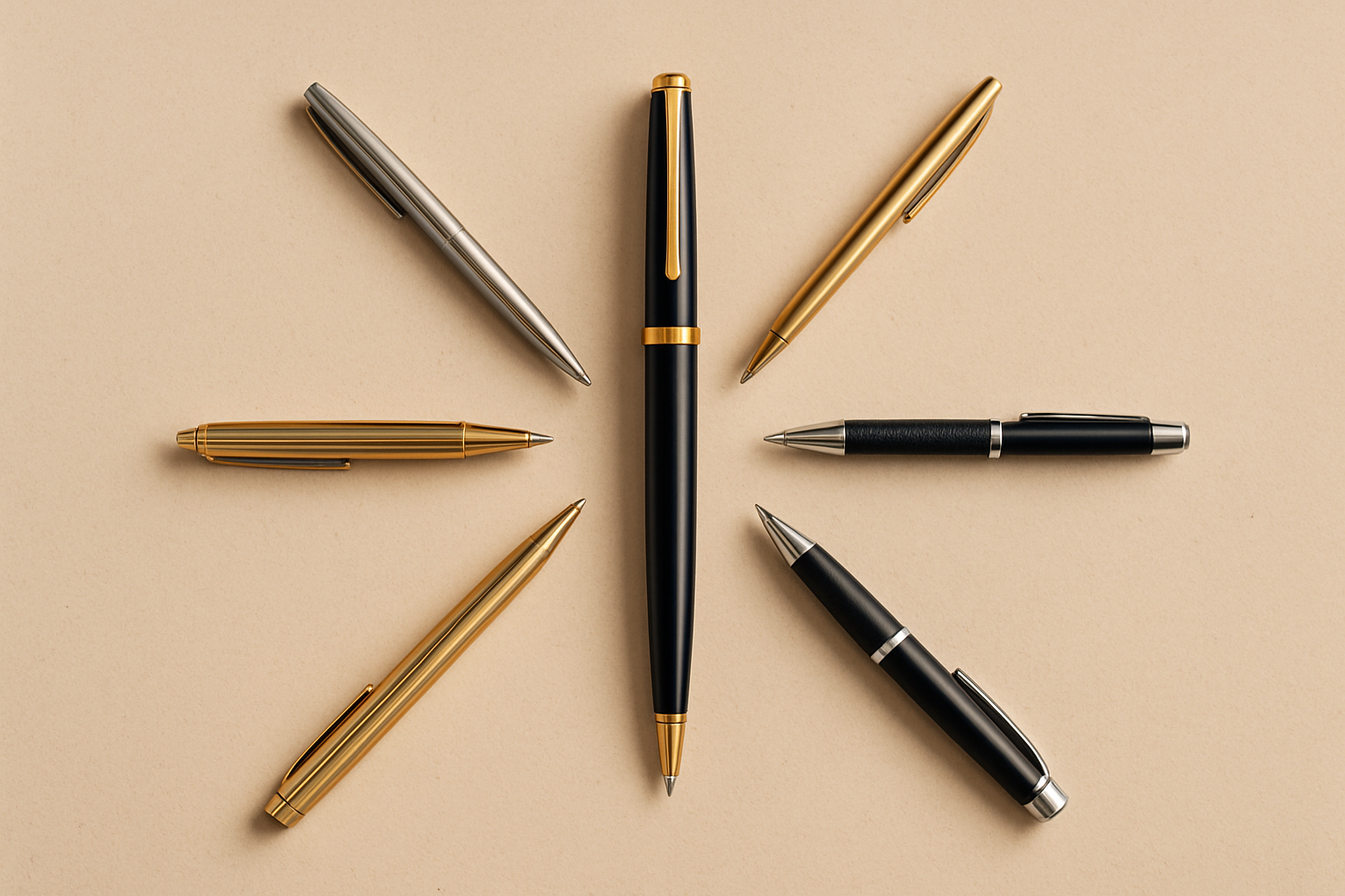 Eight pens arranged in a circle on a beige background, with a central black and gold pen.