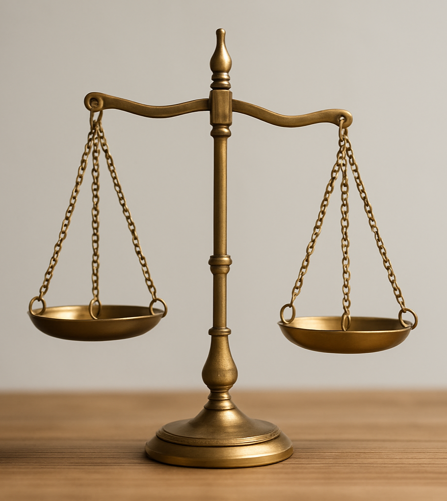 A brass balance scale with empty dishes on a wooden surface.