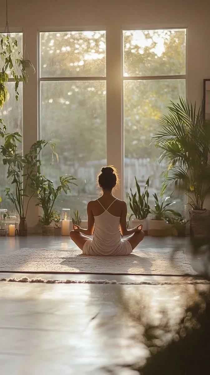 A woman practicing yoga in a sunlit room, sitting cross-legged on a mat, facing large windows with green plants around.