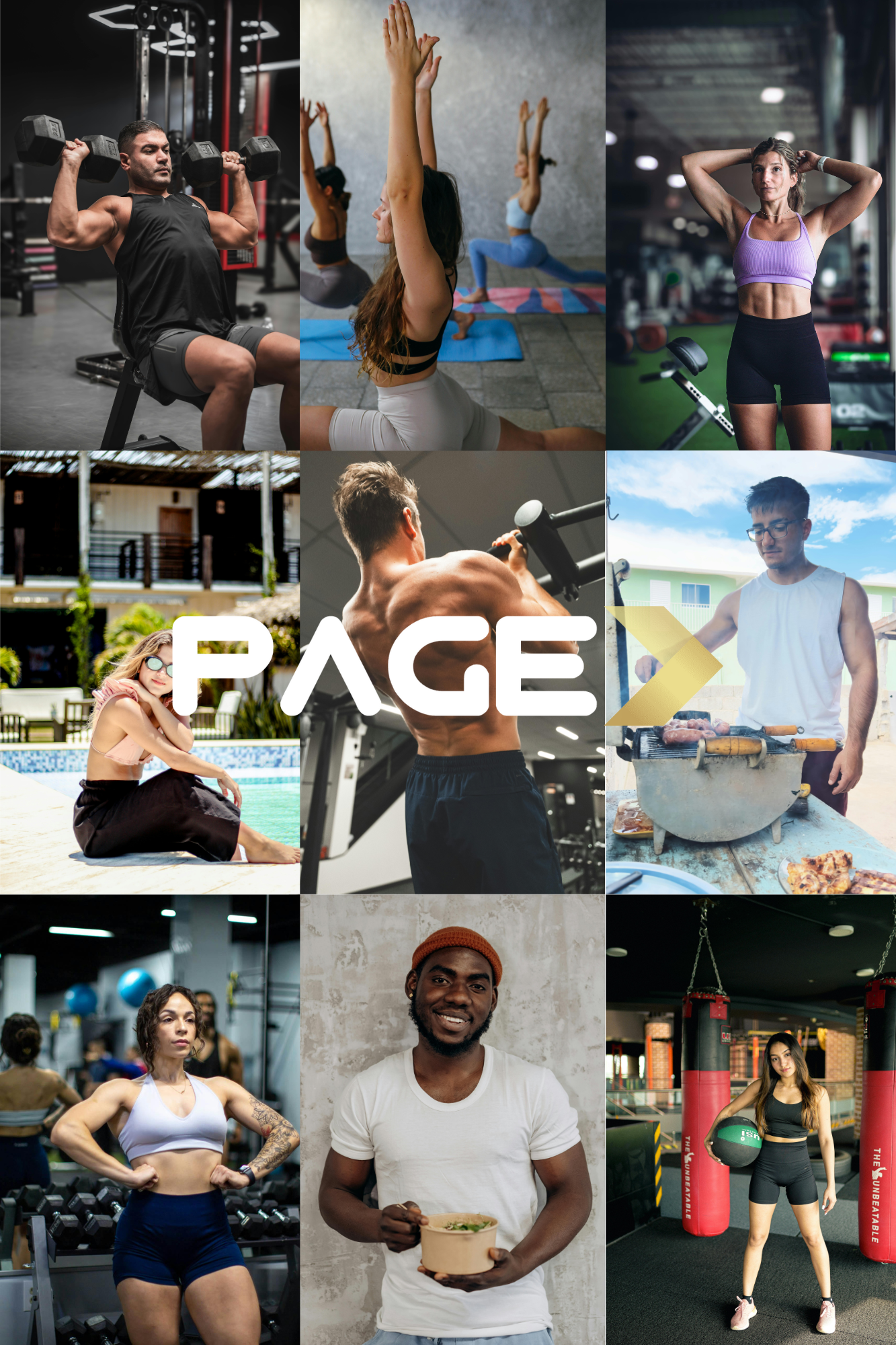 Collage of people engaging in various activities including weightlifting, yoga, outdoor grilling, and fitness training in a gym.