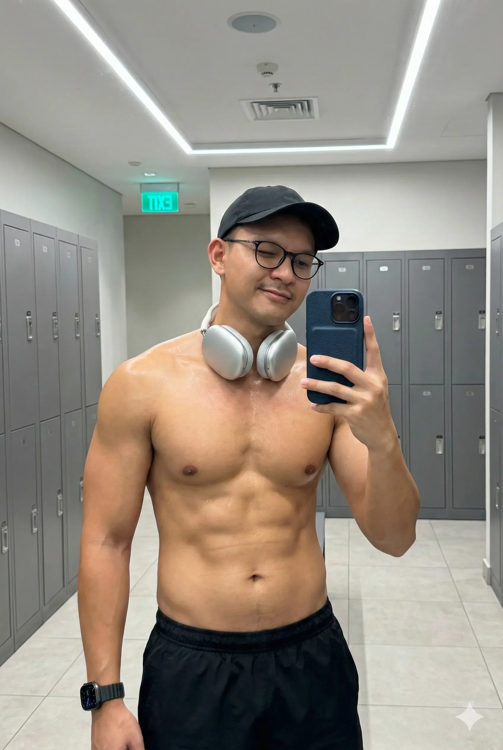 A man walking outdoors in athletic clothing, holding kettlebells in each hand, with a tattooed arm. Blurred background with buildings.