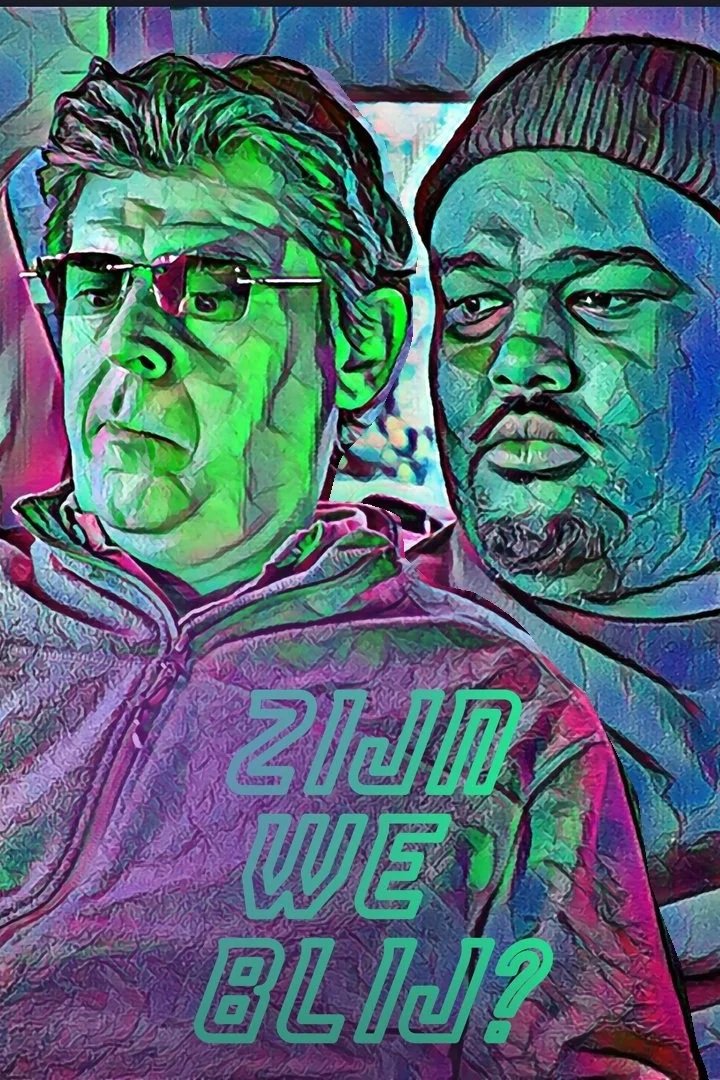 A stylized, colorful digital artwork of two men sitting side by side in the car. One man has glasses and short, dark hair, while the other wears a beanie and has a beard. The text overlay reads, "Are We Happy?", in bold, outlined font.