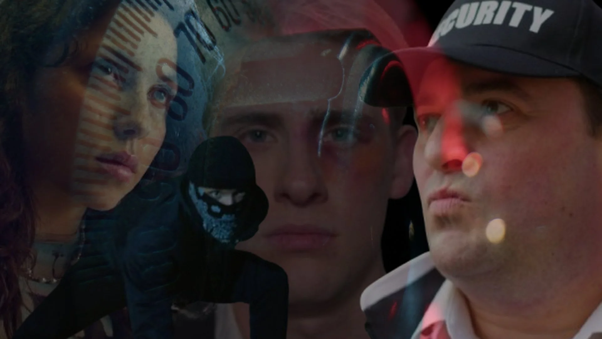 A composite image featuring a female pilot, a police officer in a mask, and a man wearing a security cap, with a digital overlay of a clock and barcode.