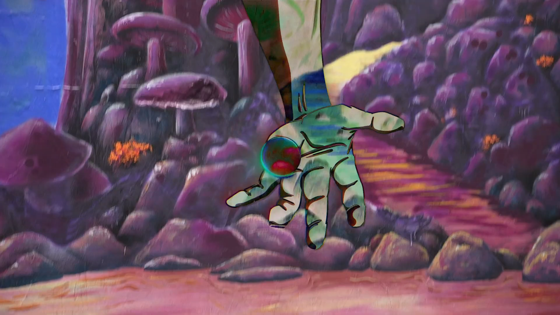 A surreal drawing of a hand, with a multicolored sphere on the index finger, reaching towards a pathway surrounded by rocks and large purple mushrooms, with a dark purple sky background.