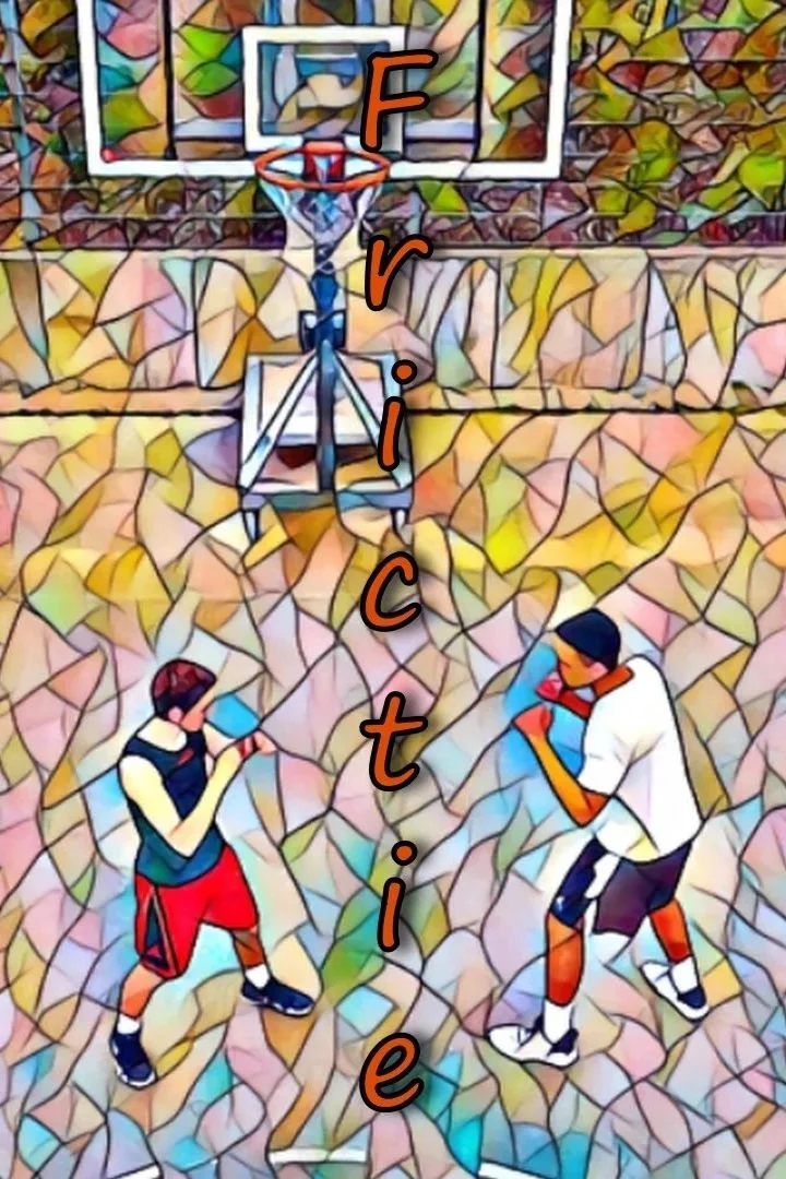 Two boys playing basketball on an outside court, with a basketball hoop in the background. The word 'Frictie' is written vertically across the center of the image.