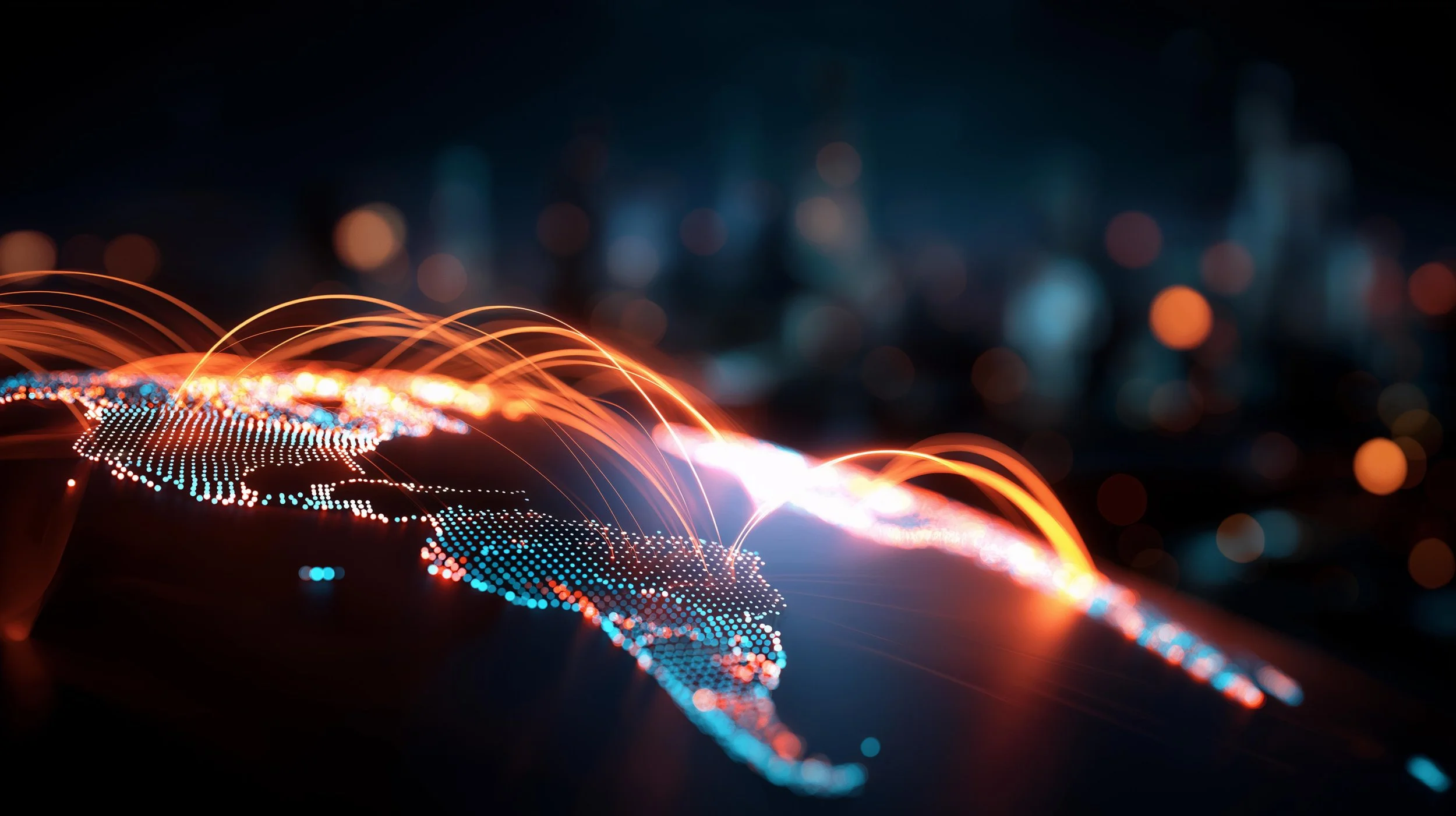 A digital, illuminated world map with connecting lines and nodes, representing global data or communication networks, against a dark background.