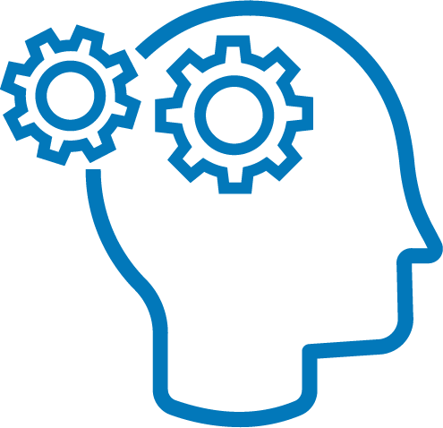 Outline of a human head with two interconnected gears inside, symbolizing thinking or mental processes.