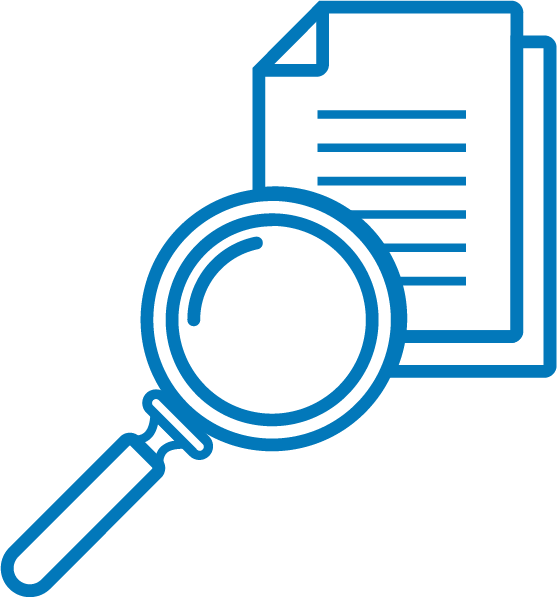 Icon of a magnifying glass over a document, representing search or research.