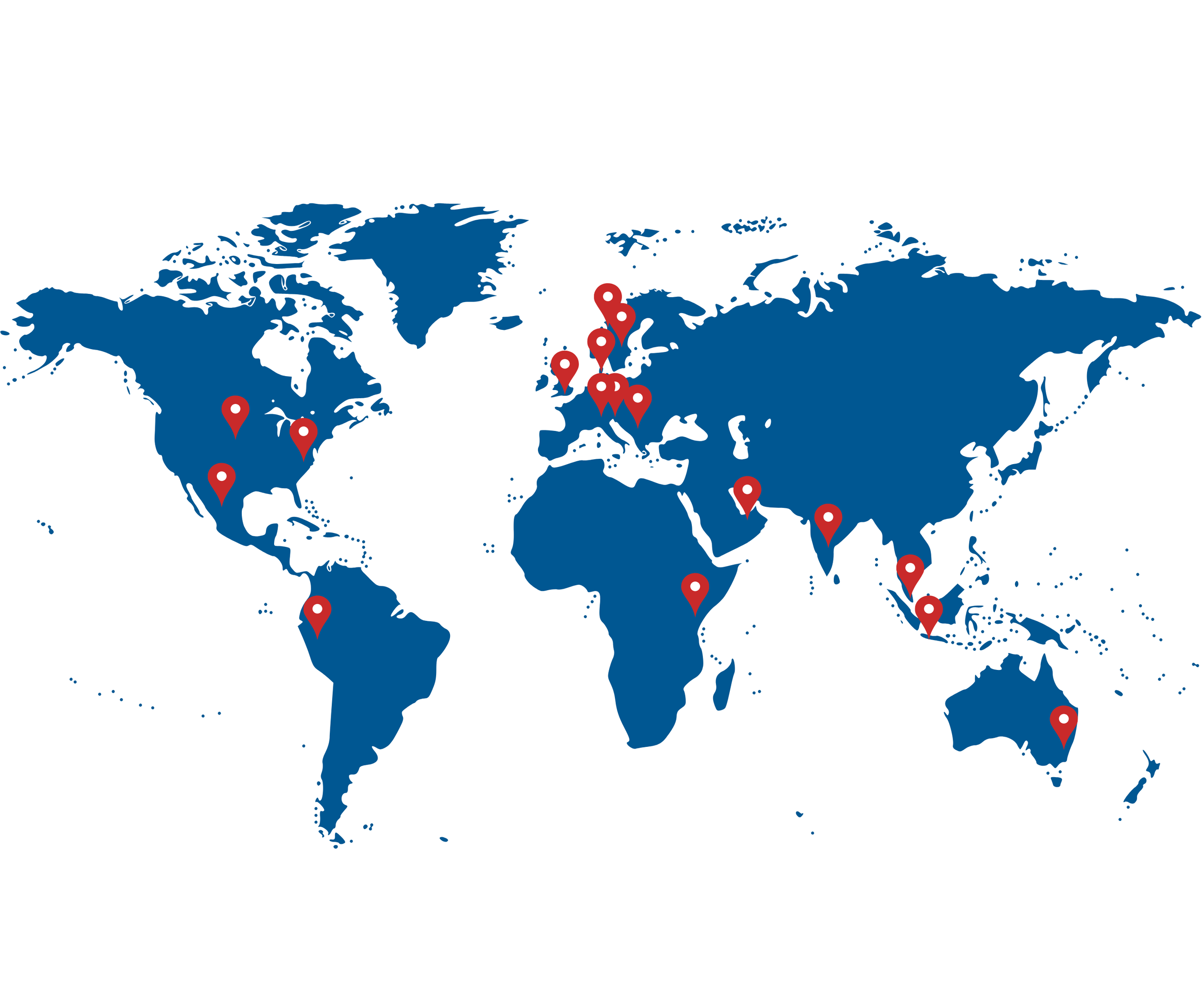 World map with red location markers in various countries including the United States, United Kingdom, France, Germany, Italy, Spain, Nigeria, Kenya, India, Thailand, Australia, and New Zealand.