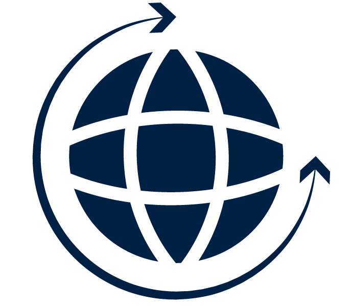 Icon of a globe with latitude and longitude lines, encircled by two arrows forming a circle, representing global connectivity or international exchange.