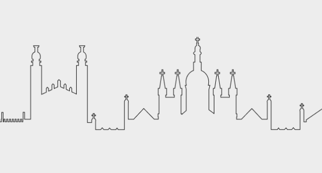 Outline of a city skyline with historic buildings and church steeples.