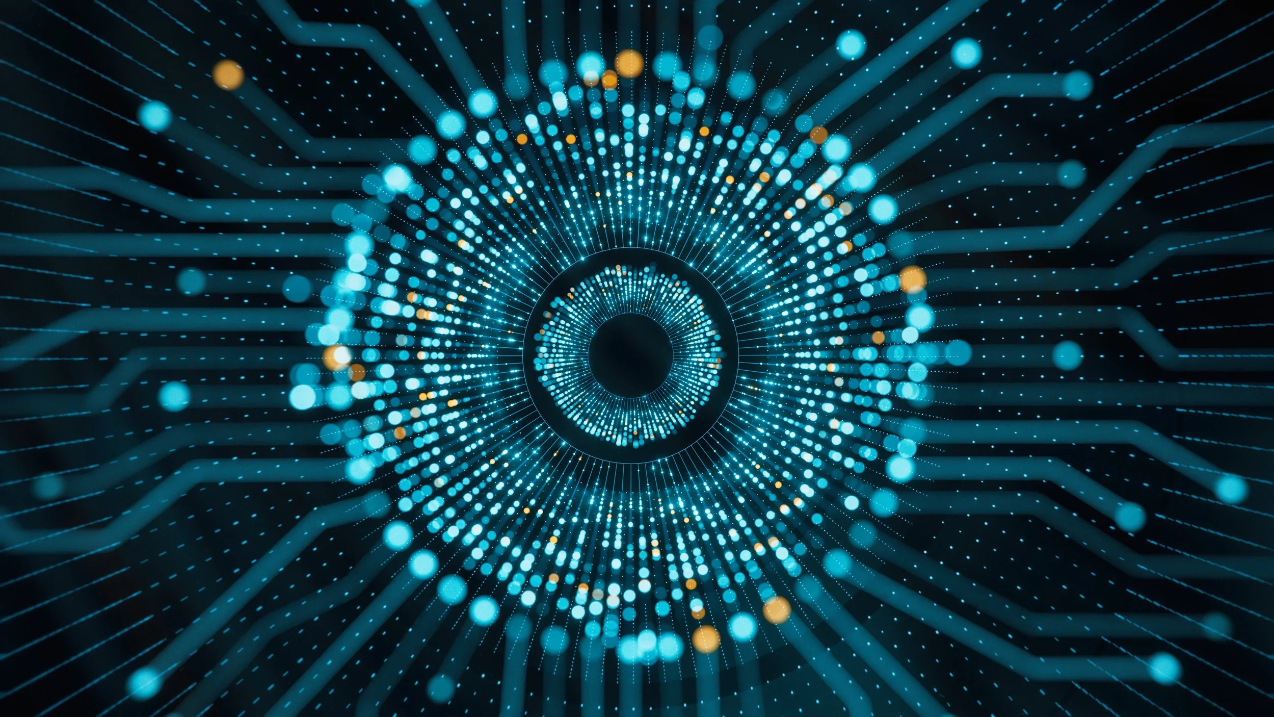 Futuristic data visualization with concentric circles and dotted lines in blue and orange, resembling a digital eye or portal.