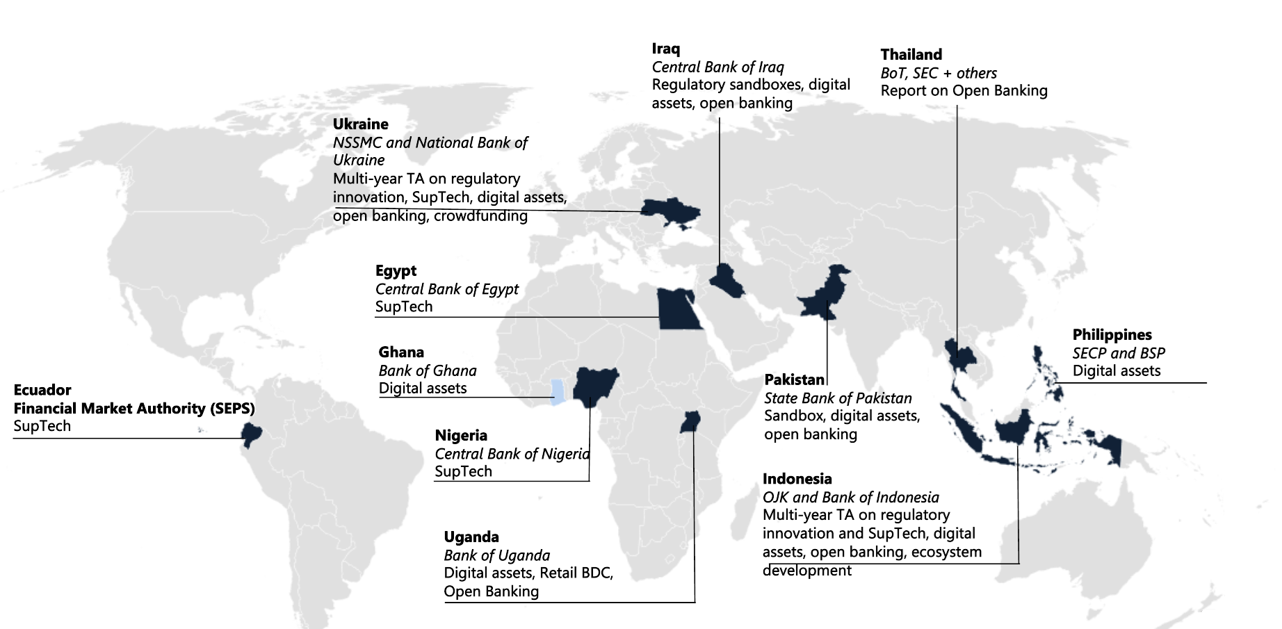 World map highlighting countries involved in blockchain or digital assets, with labels and descriptions of their respective projects and technologies in countries like Ukraine, Iraq, Thailand, Egypt, Ghana, Nigeria, Uganda, Pakistan, Indonesia, Philippines, and Ecuador, indicating various digital asset and open banking initiatives.