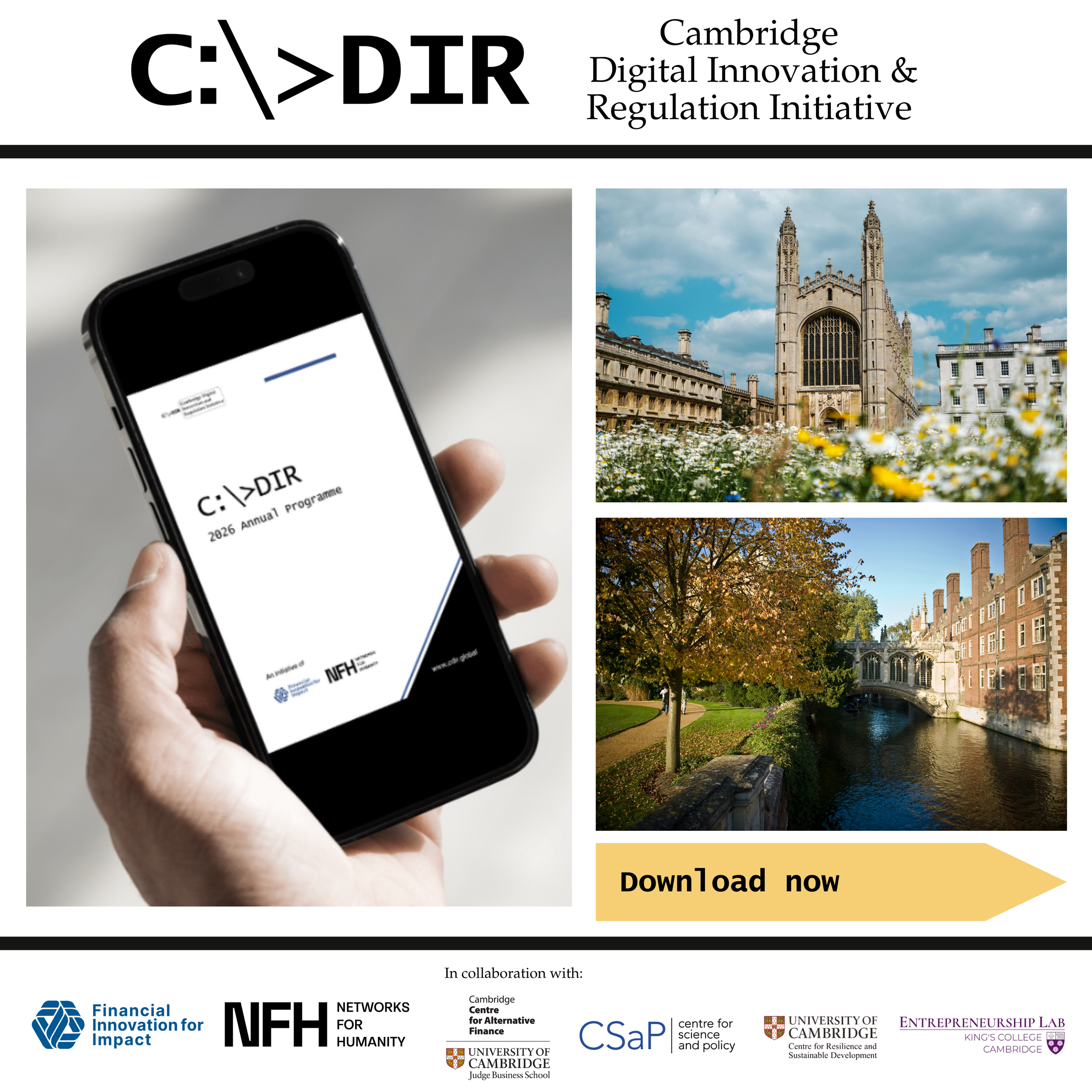 Poster promoting the Cambridge Digital Innovation & Regulation Initiative with a black and white smartphone displaying the program title, and two images of Cambridge university buildings with churches, trees, and a canal, along with a yellow arrow button labeled 'Download now' and logos of affiliated organizations.