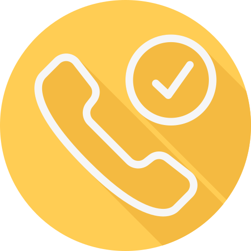 Icon of a telephone receiver with a check mark inside a circle, on a yellow circular background.