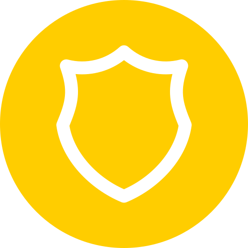 Black shield icon on a yellow circular background.