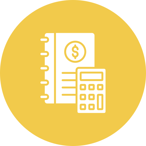 Icon of a financial notebook, calculator, and spreadsheet, all on a yellow circular background.