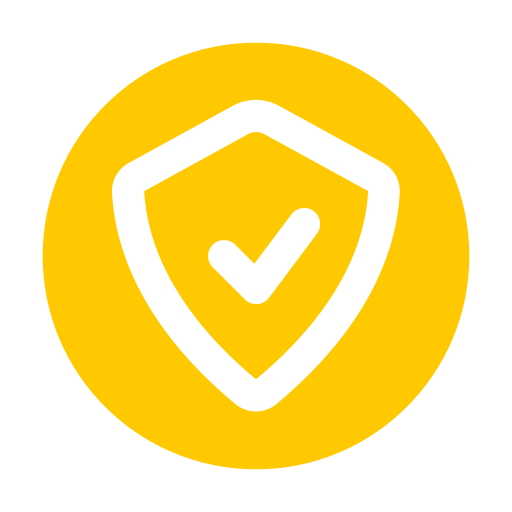 Yellow circular icon with a white shield and check mark, symbolizing security or protection.
