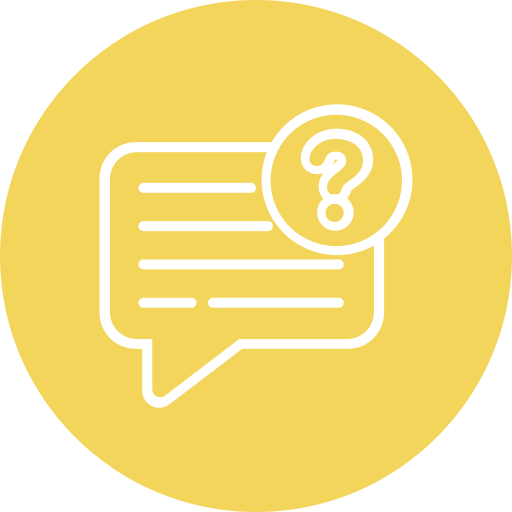 Icon of a chat bubble with a question mark inside, on a yellow background, representing help or inquiry.