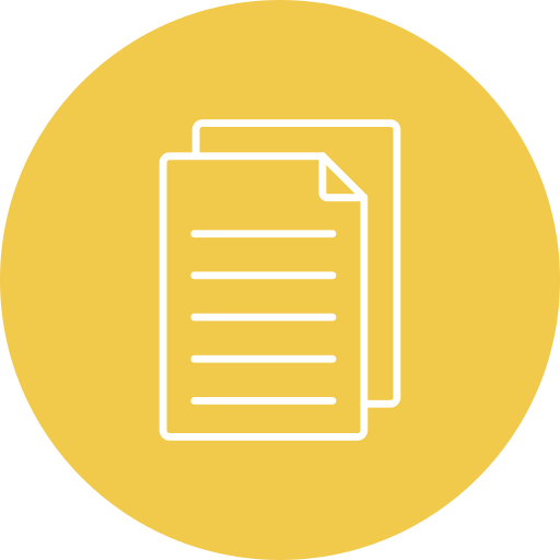 Icon of two overlapping documents or papers with lines representing text on a yellow circular background.