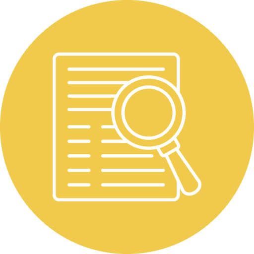 Icon of a document with lines of text and a magnifying glass over it, on a yellow circular background.