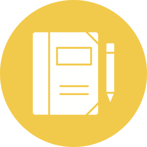 Icon of a notebook and a pen on a circular yellow background.