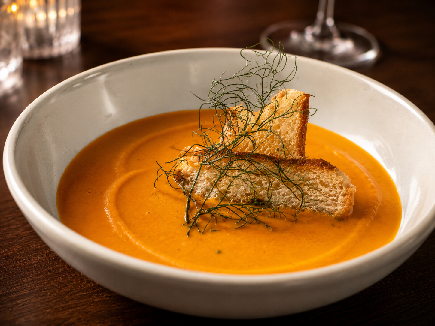A bowl of orange-colored creamy soup garnished with crispy bread slices and fresh herbs, on a dark wooden table.