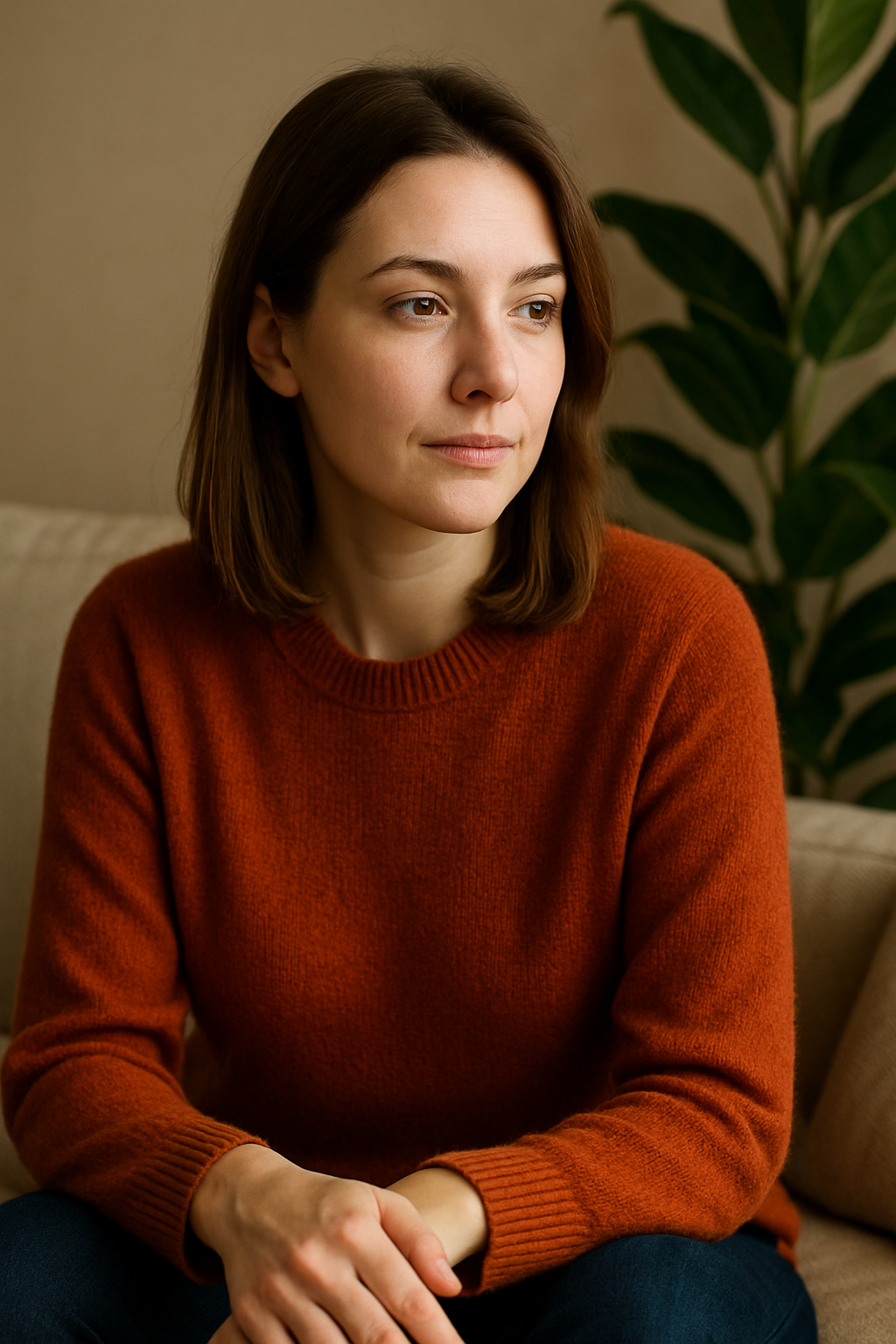 A calm young woman in a warm, softly lit room, looking thoughtfully to the side while sitting on a sofa, symbolizing a supportive and reflective atmosphere in individual psychotherapy.