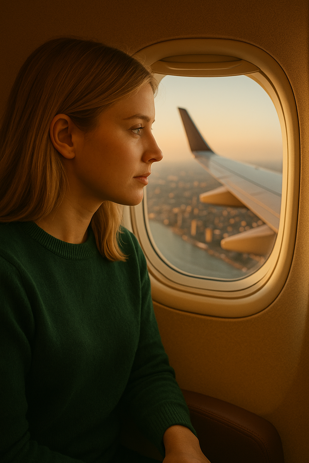 A young woman in a green sweater looking out of an airplane window at a distant city skyline, symbolizing the experience and emotional journey of expat life and relocation.