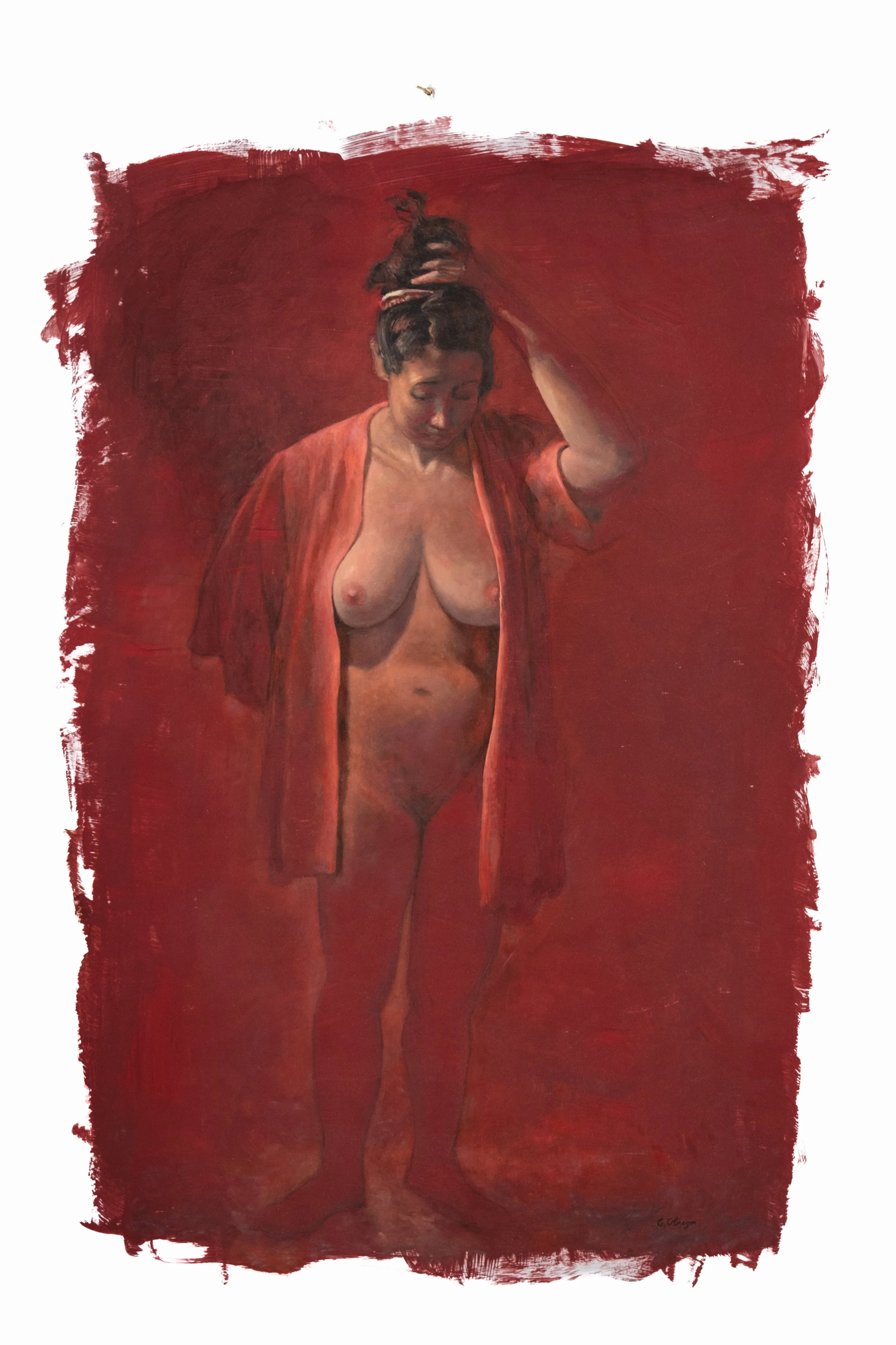 Femme au Peignoir rouge, 2021, oil on paper, 110 X 75 cm