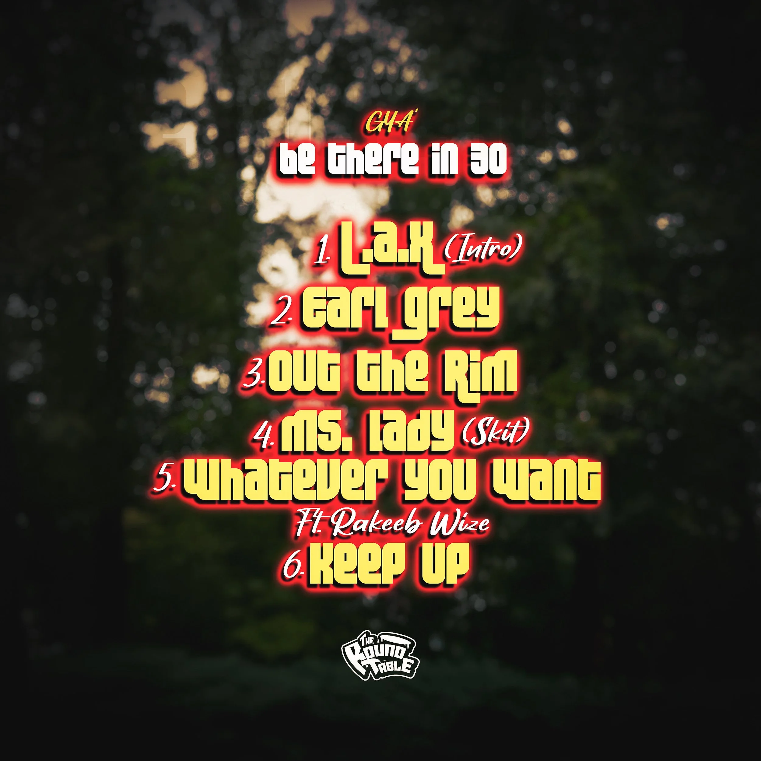 A blurred outdoor scene with trees and sky, overlaid with a list of song titles and artist names in bold, stylized fonts with red glow effects. gya'