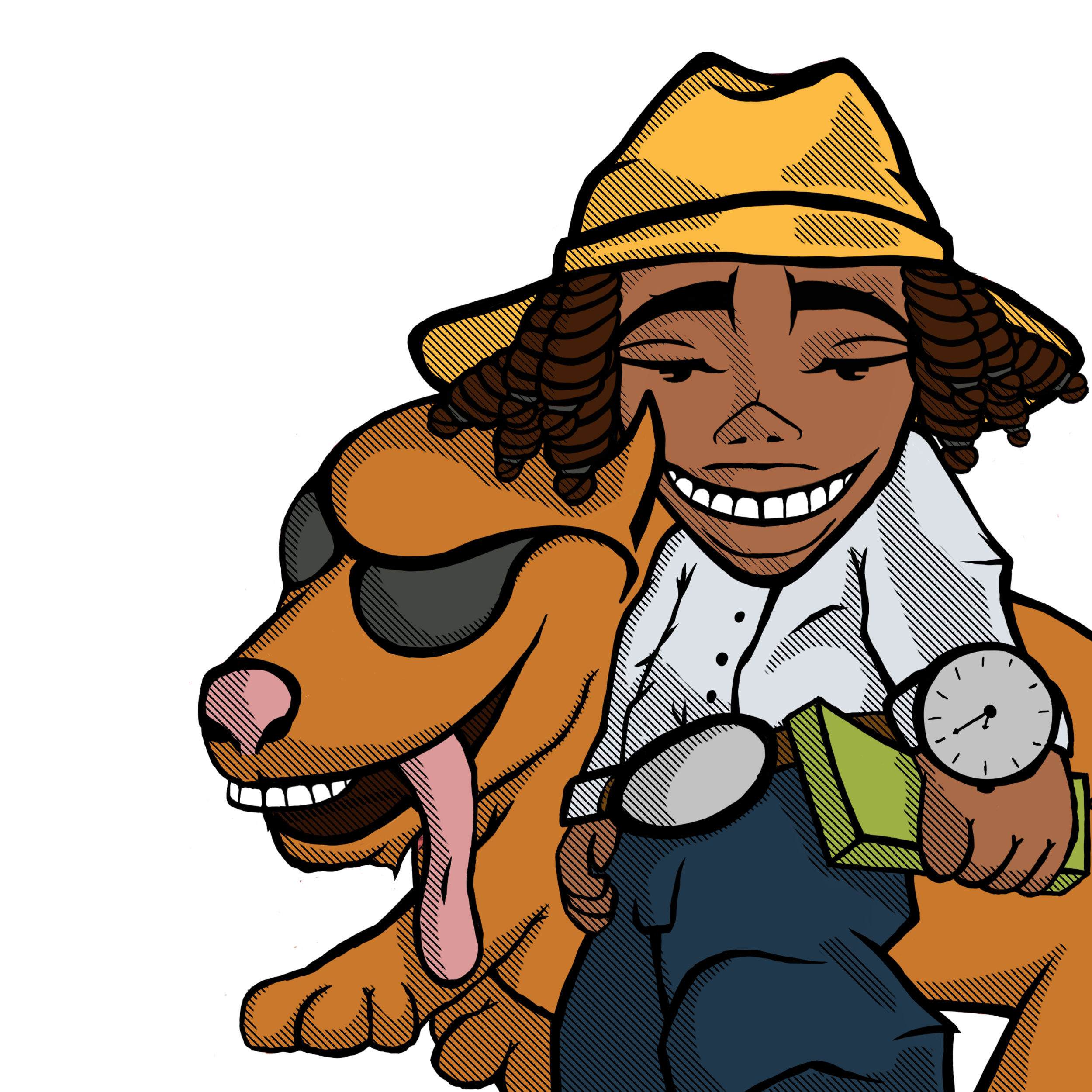 A smiling person with dreadlocks wearing a yellow hat, a white shirt, dark pants, and a large watch, walking with a large, cartoon-style dog wearing sunglasses, with a green book in hand.