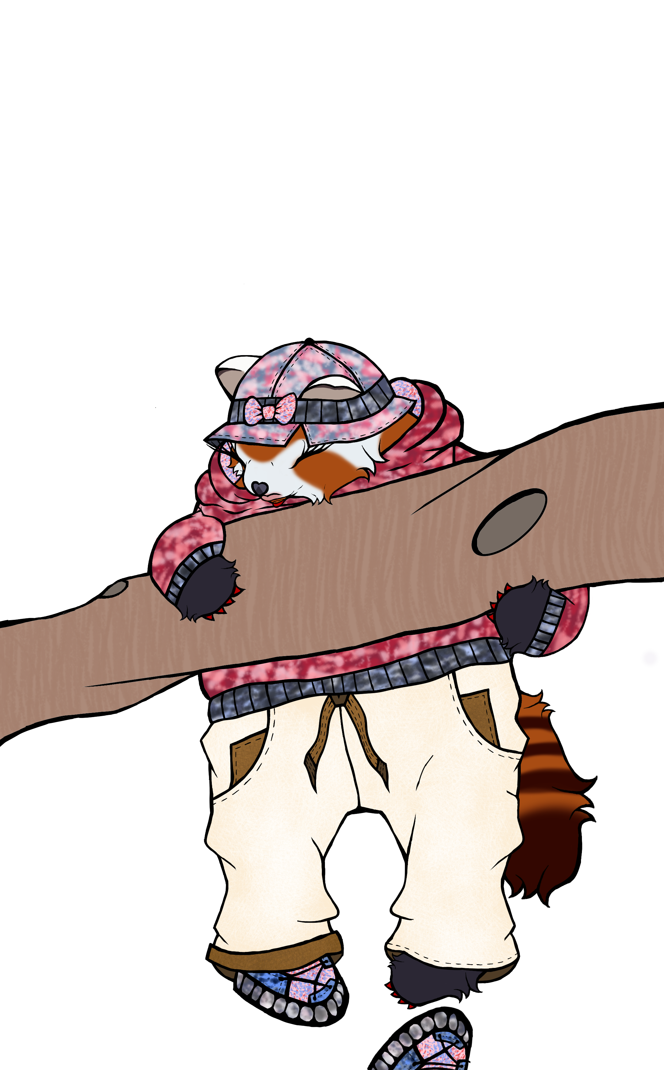 A cartoon cat dressed in a pink jacket, jeans, and sneakers, sleeping on a tree branch with a matching pink hat with a bow, while its paws hang over the branch.
