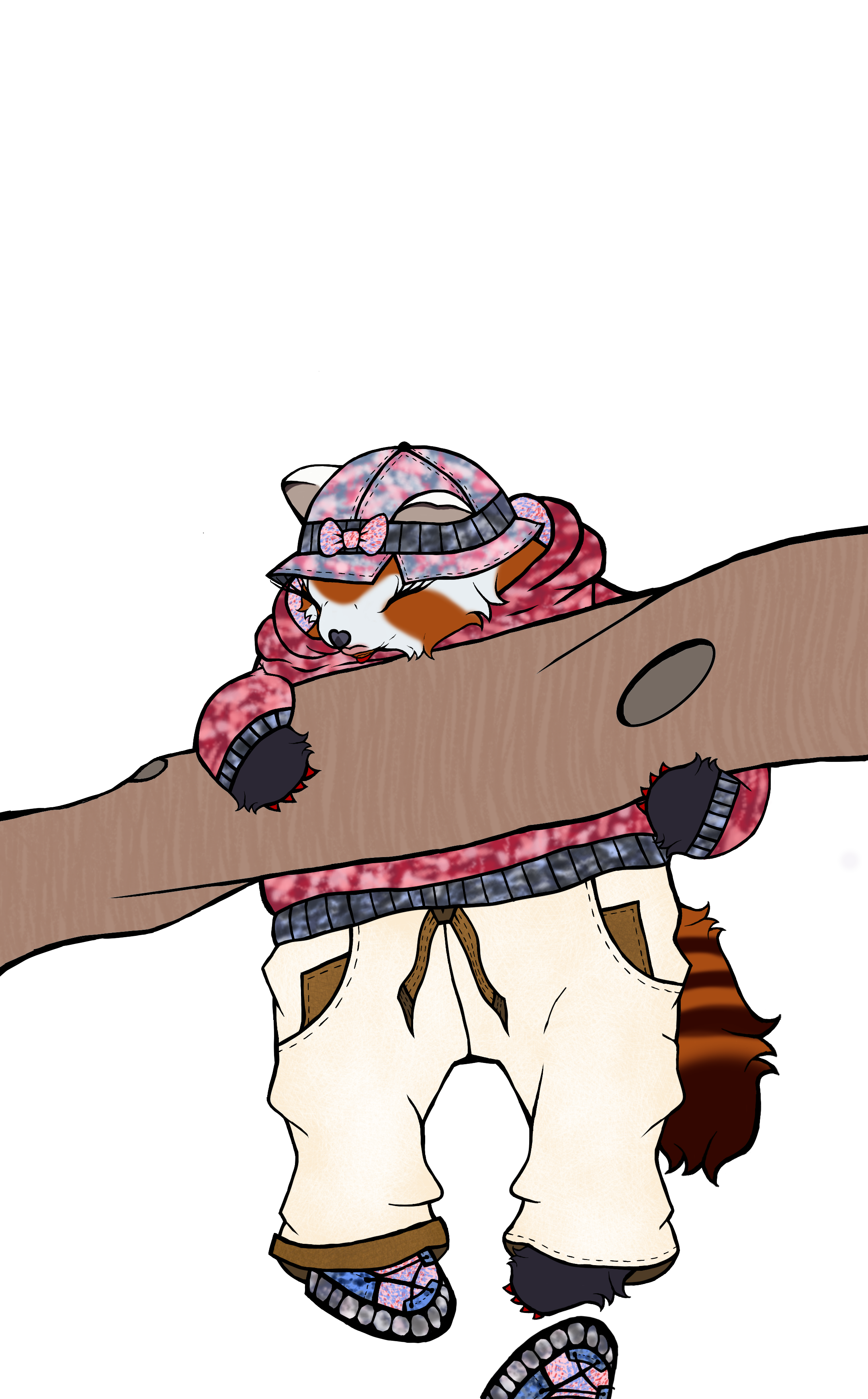 Cartoon illustration of a dog wearing a pink bow hat, pink sweater, beige pants, and colorful sneakers, resting its head and paws on a large tree branch.