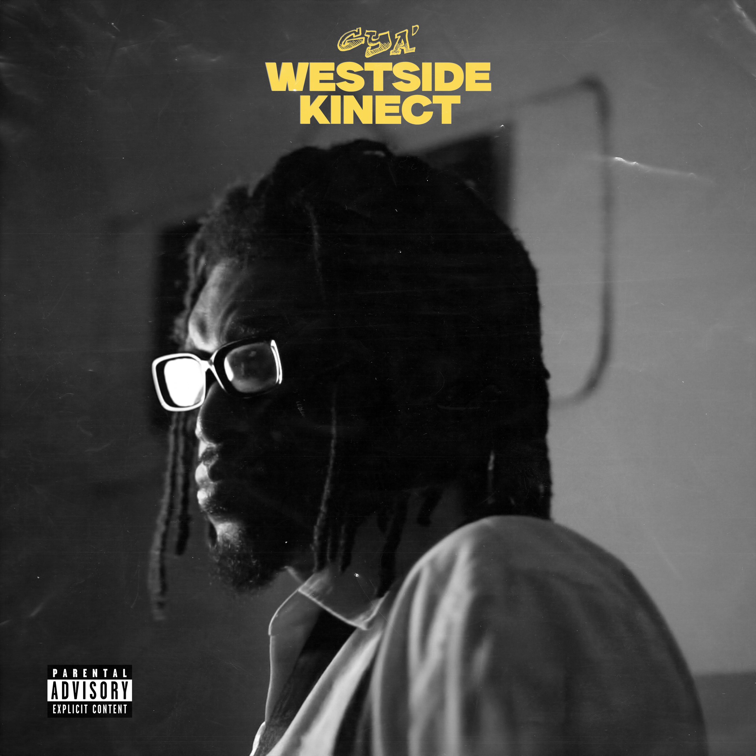 Black and white album cover features a close-up profile of a person with glasses and dreadlocks, with the text 'Westside KineCT' in bold yellow font at the top.