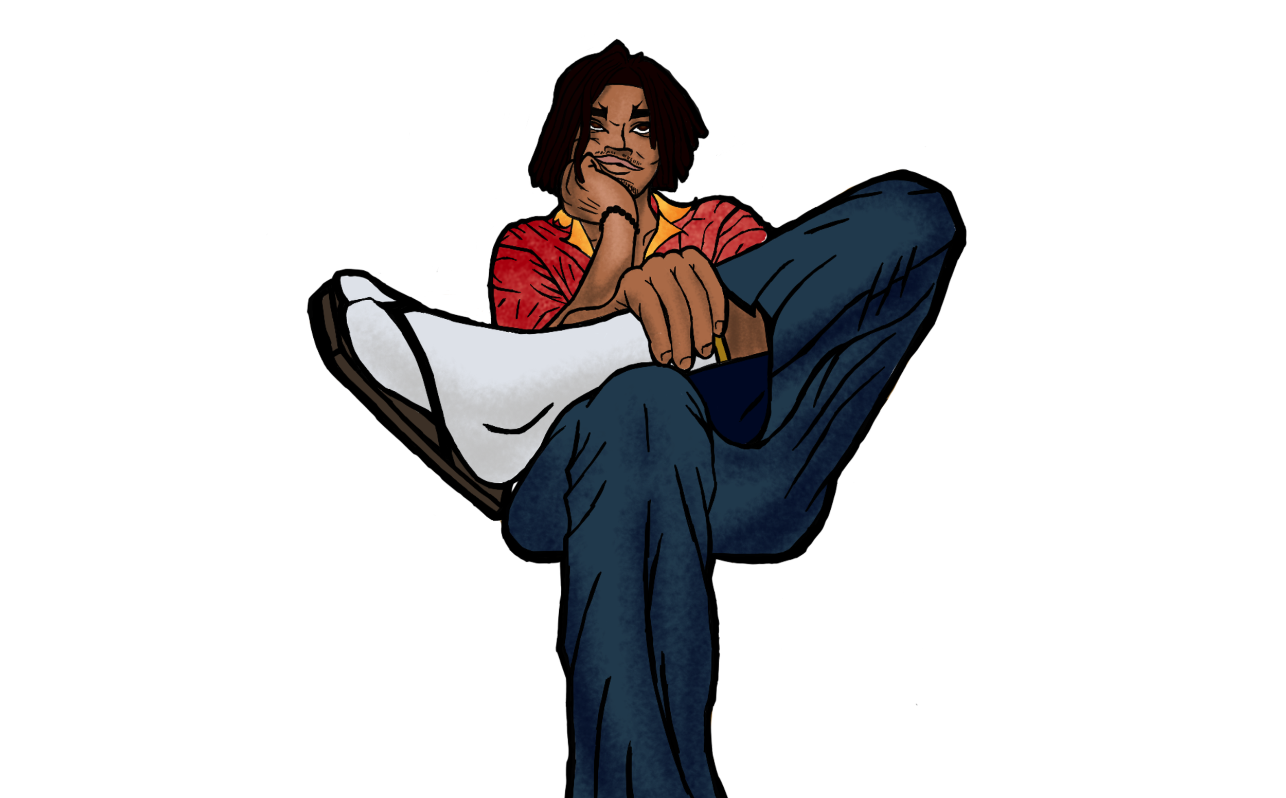 Cartoon of a person with dreadlocks sitting casually, with one leg crossed over the other, resting their chin on their hand, wearing a red shirt and blue jeans.