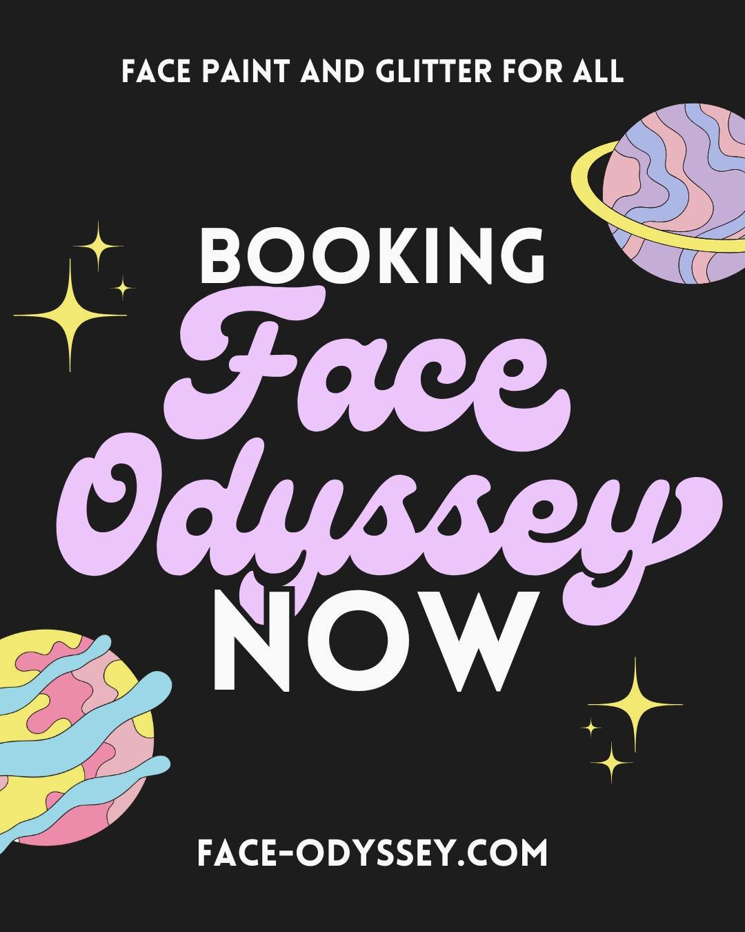 What is Face Odyssey exactly?
✨ Face paint
✨ Glitter tattoos
✨ UV glow magic
✨ Custom themed design menus

If it involves fun, sparkle, or organized chaos&hellip; I&rsquo;m in.
And yes&mdash;grown-ups get glitter too.